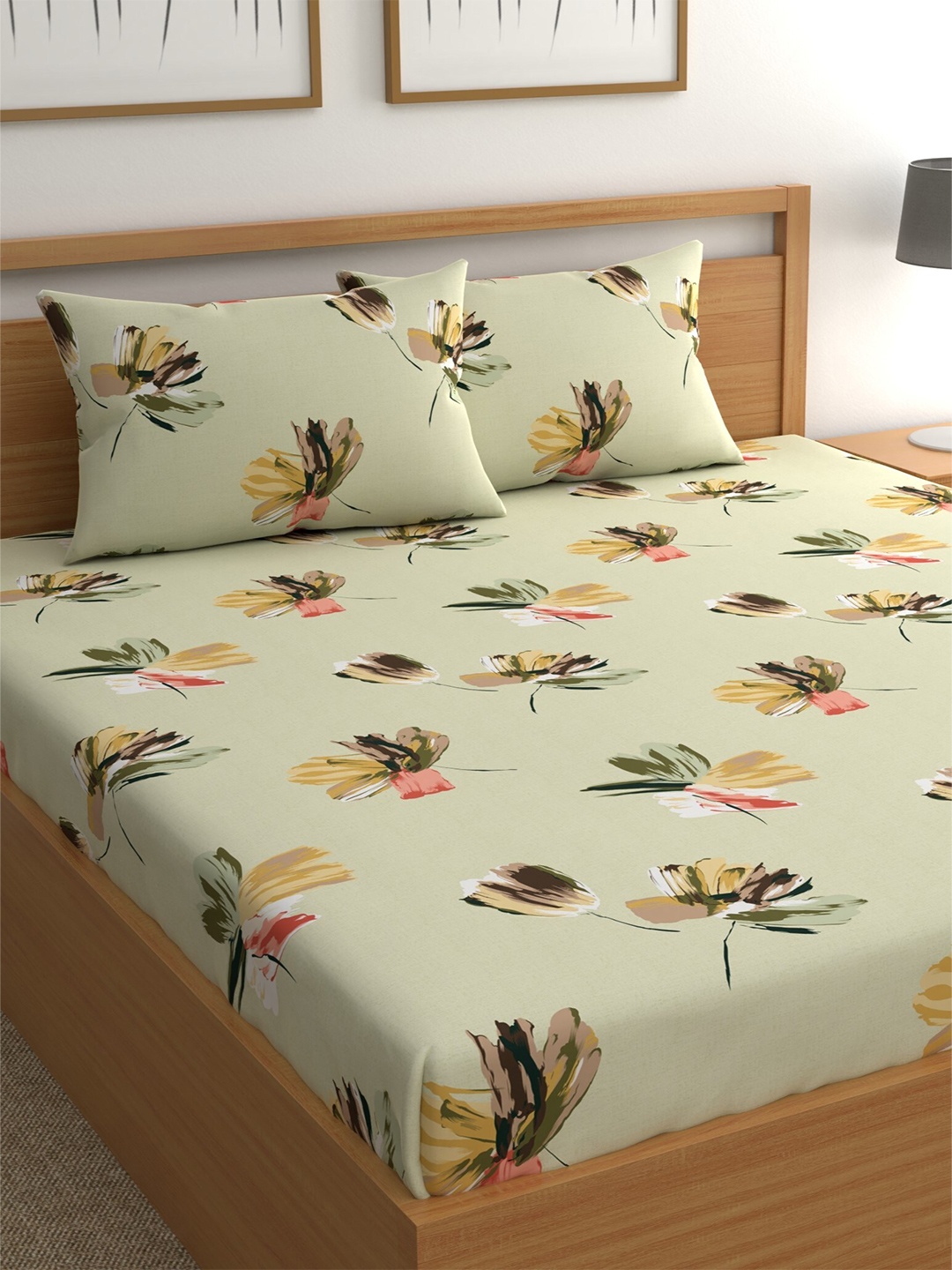 

CHHAVI INDIA Grey & Green Floral Ultra Soft 210 TC King Bedsheet with 2 Pillow Covers