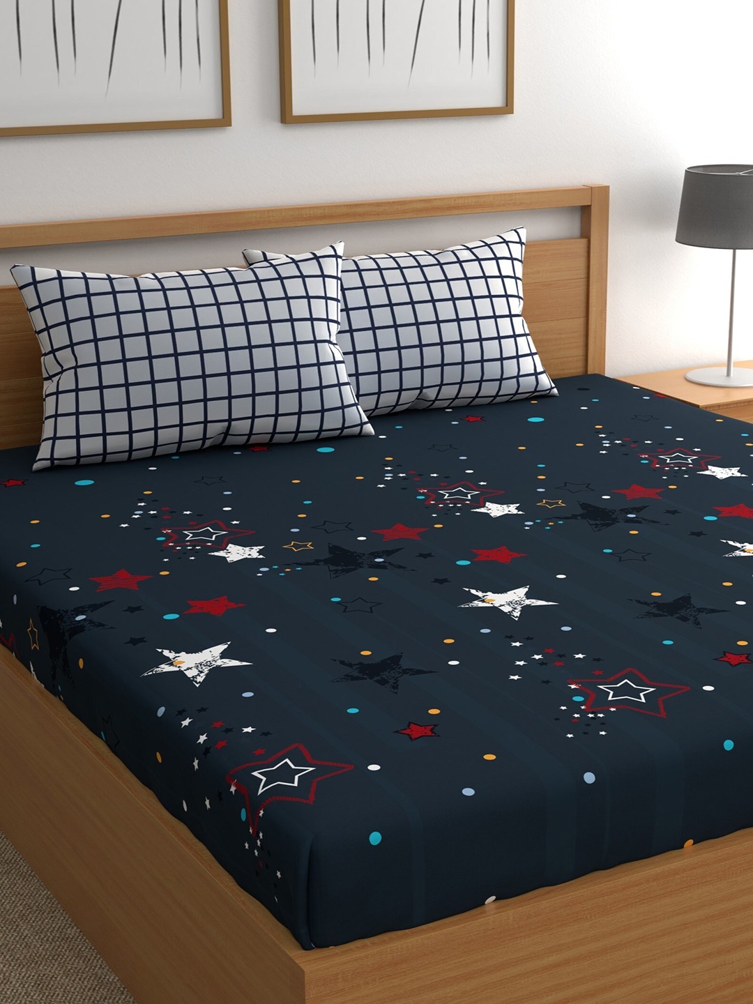 CHHAVI INDIA Blue & White Graphic Ultra Soft 210 TC King Bedsheet with 2 Pillow Covers
