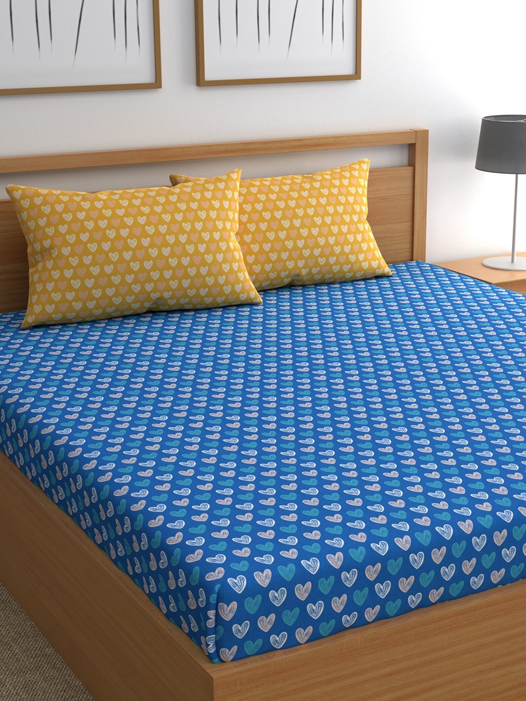 

CHHAVI INDIA Blue & Yellow Graphic Ultra Soft 210 TC King Bedsheet with 2 Pillow Covers