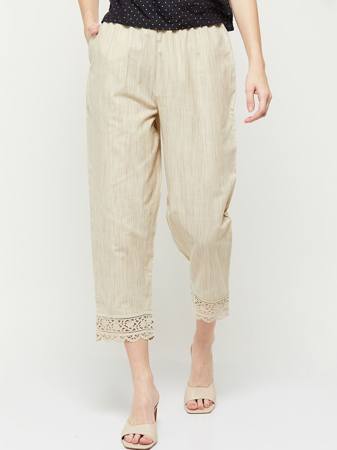 

max Women Striped Casual Cotton Trousers, Cream
