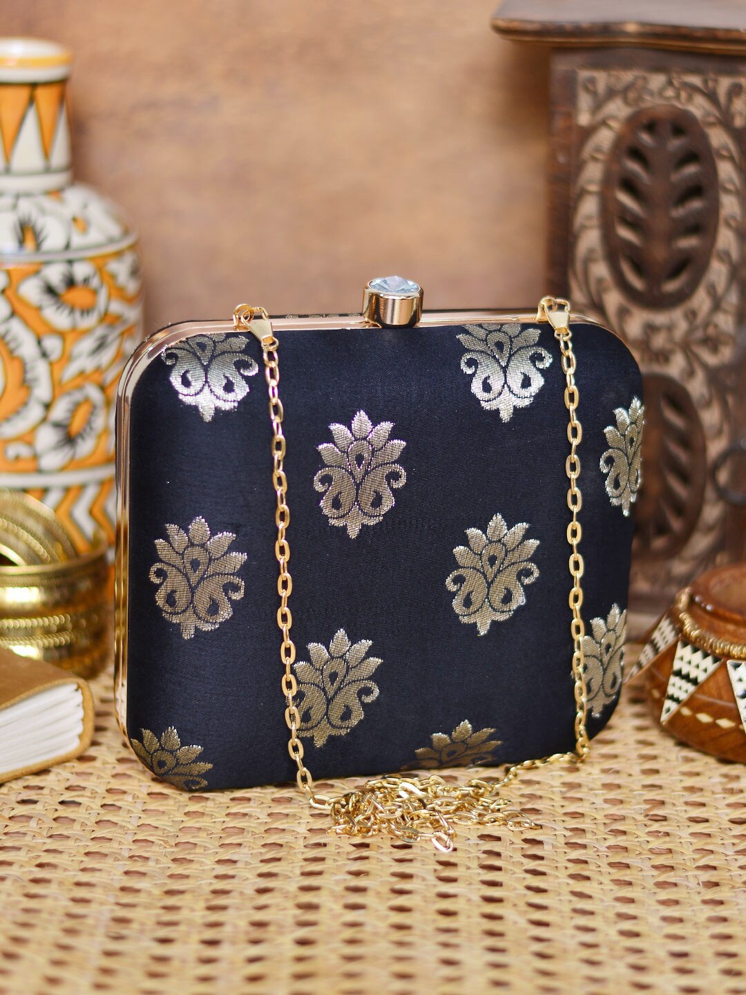 

ARTKLIM Embroidered Box Clutch, Black