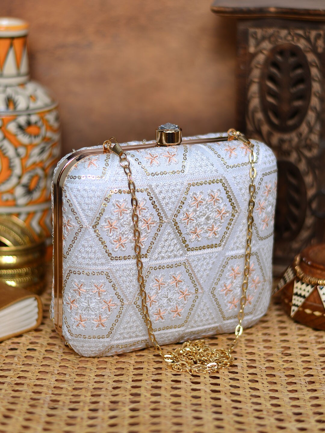

ARTKLIM Embroidered Box Clutch, White