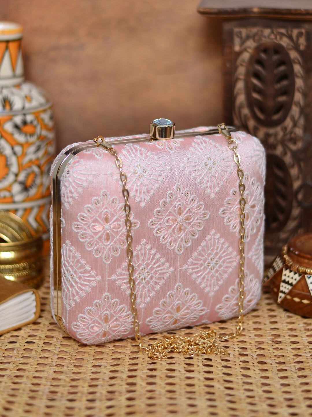

ARTKLIM Women Embroidered Fabric Box Clutch, Pink