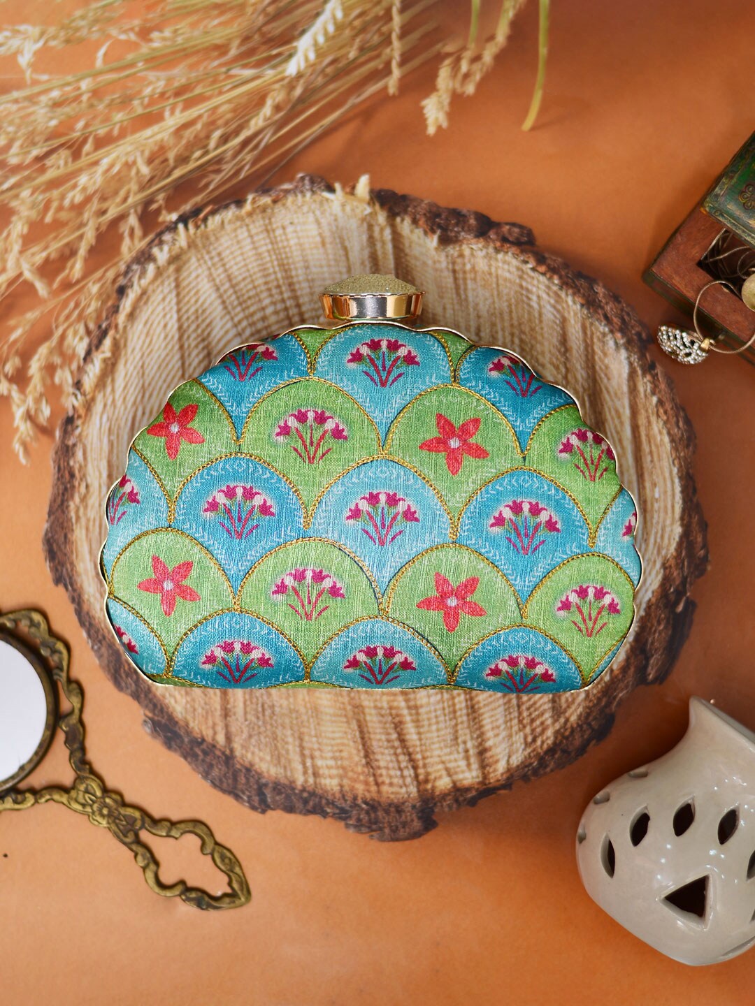 

ARTKLIM Women Embroidered Fabric Box Clutch, Turquoise blue