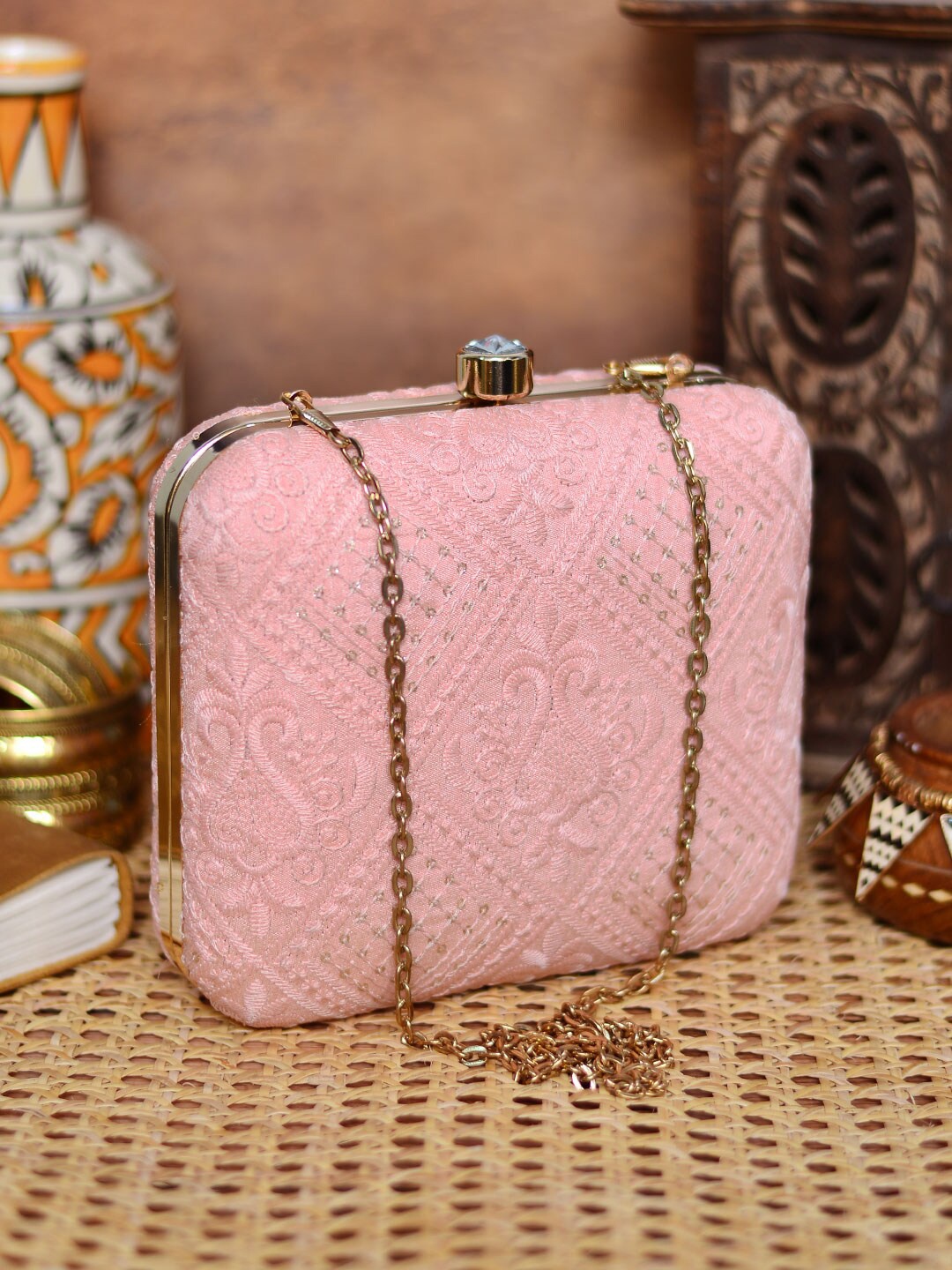 

ARTKLIM Women Embroidered Fabric Box Clutch, Pink