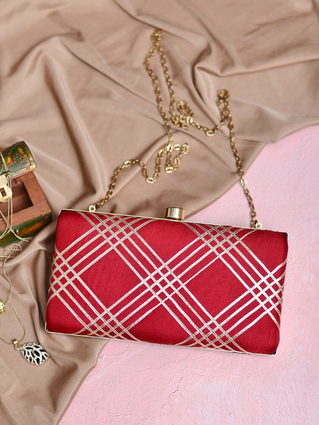

ARTKLIM Women Embellished Fabric Box Clutch, Red