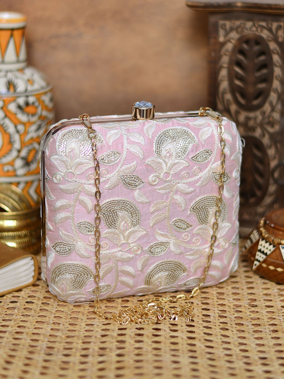 ARTKLIM Embroidered Box Clutch, Pink