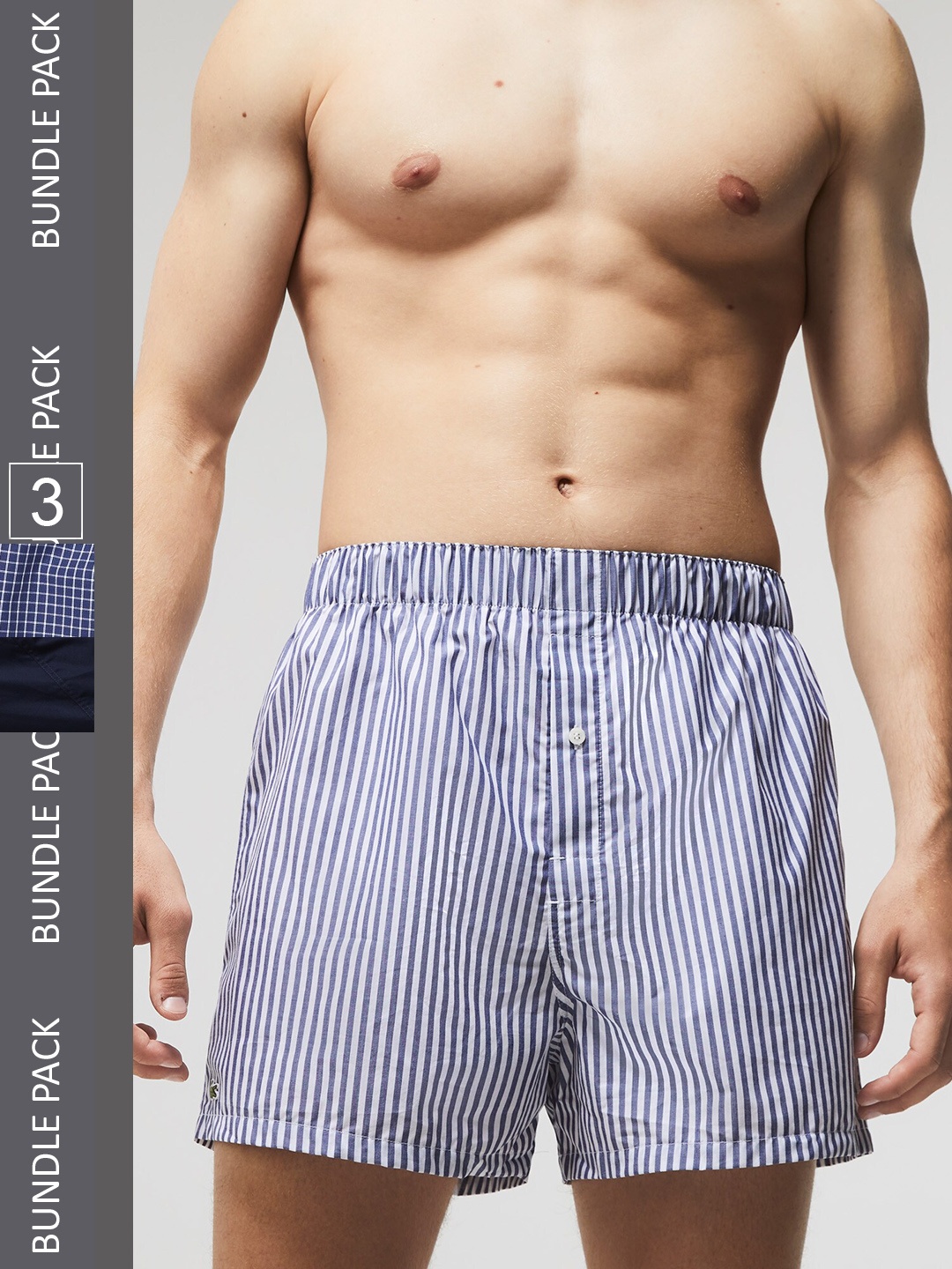

Lacoste Men Pack Of 3 Striped Pure Cotton Boxers, Blue