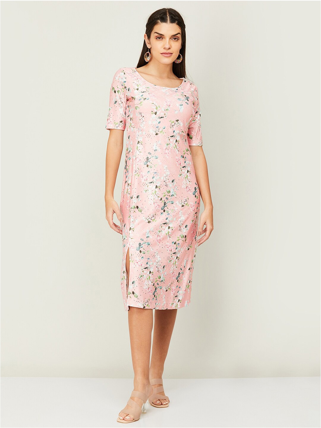 

CODE by Lifestyle Floral Printed Round Neck Sheath Dress, Peach