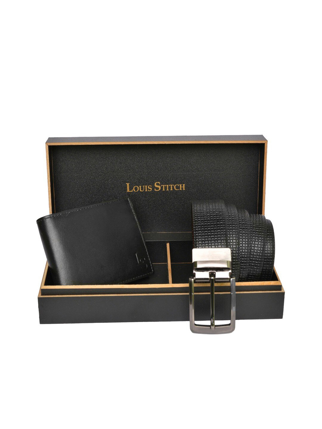 

LOUIS STITCH Men Textured Genuine Leather Accessory Gift Set, Black