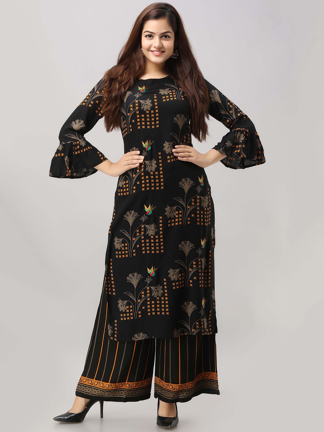 

KALINI Printed Boat Neck Straight Kurta with Palazzo, Black