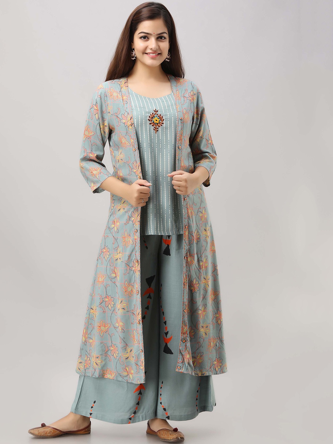 

KALINI Embroidered Round Neck Straight Top with Palazzos & With Shrug, Blue