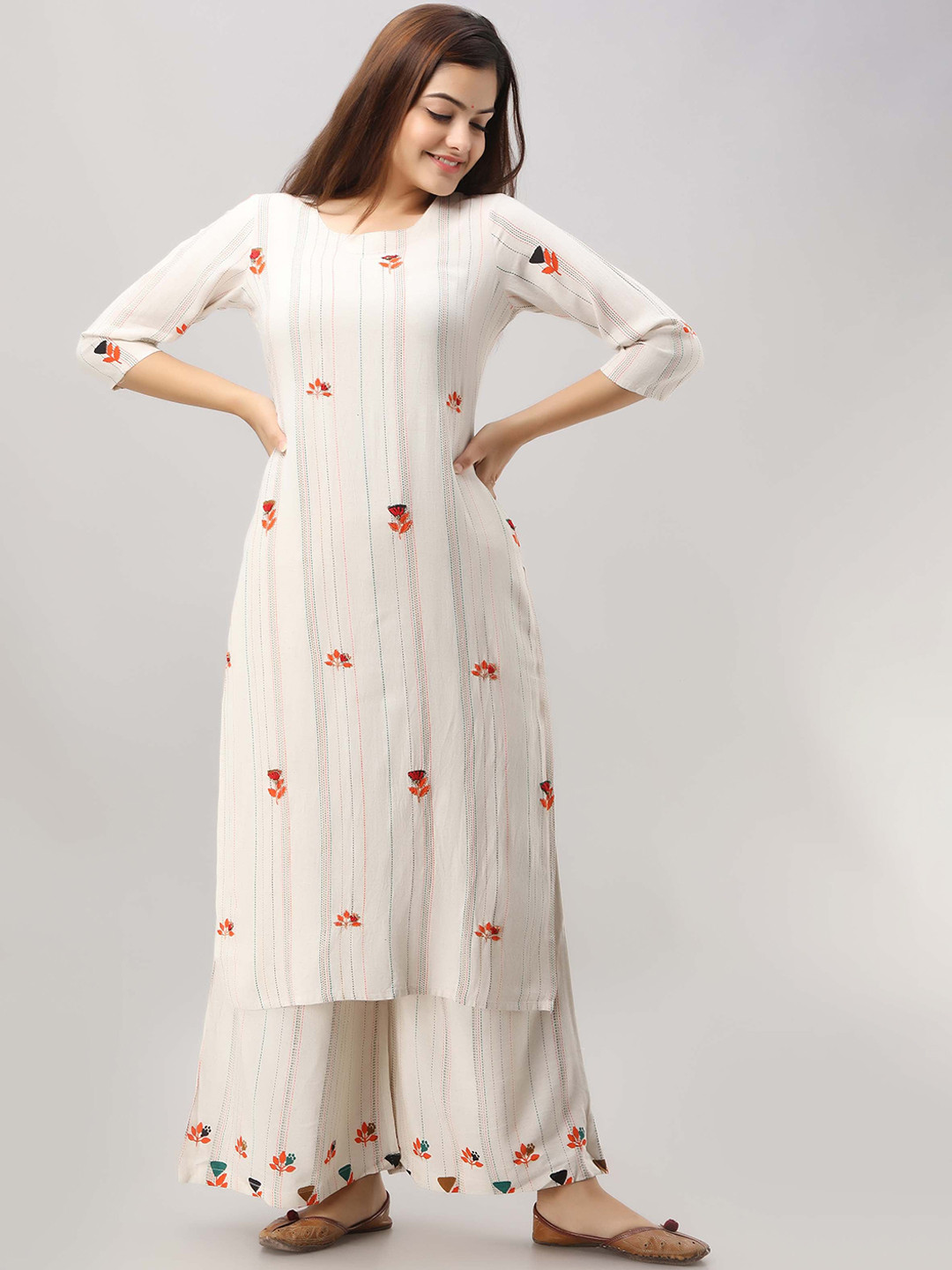 

KALINI Embroidered Round Neck Straight Kurta with Palazzo, White