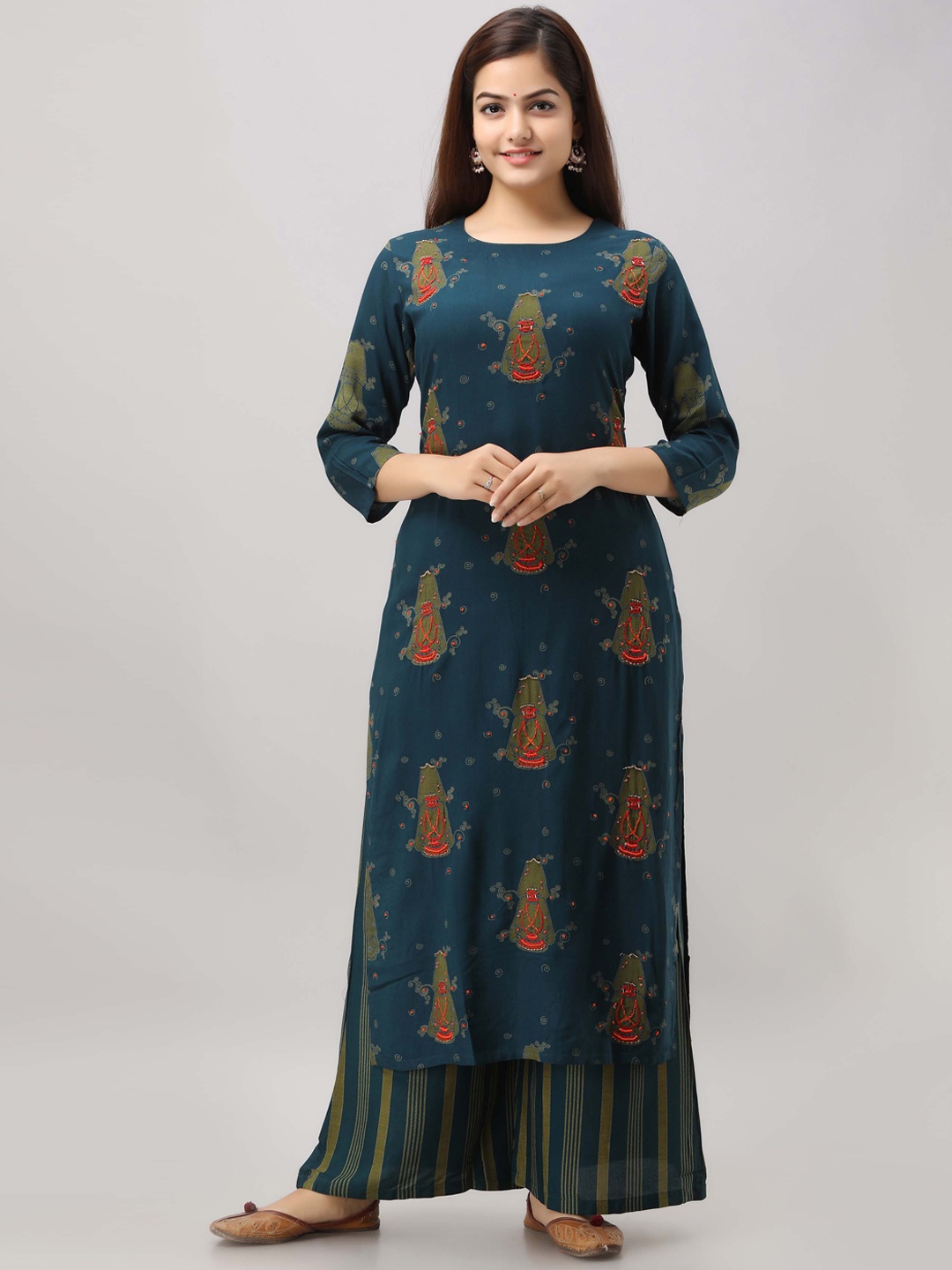 

KALINI Embroidered Round Neck Straight Kurta with Palazzo, Teal