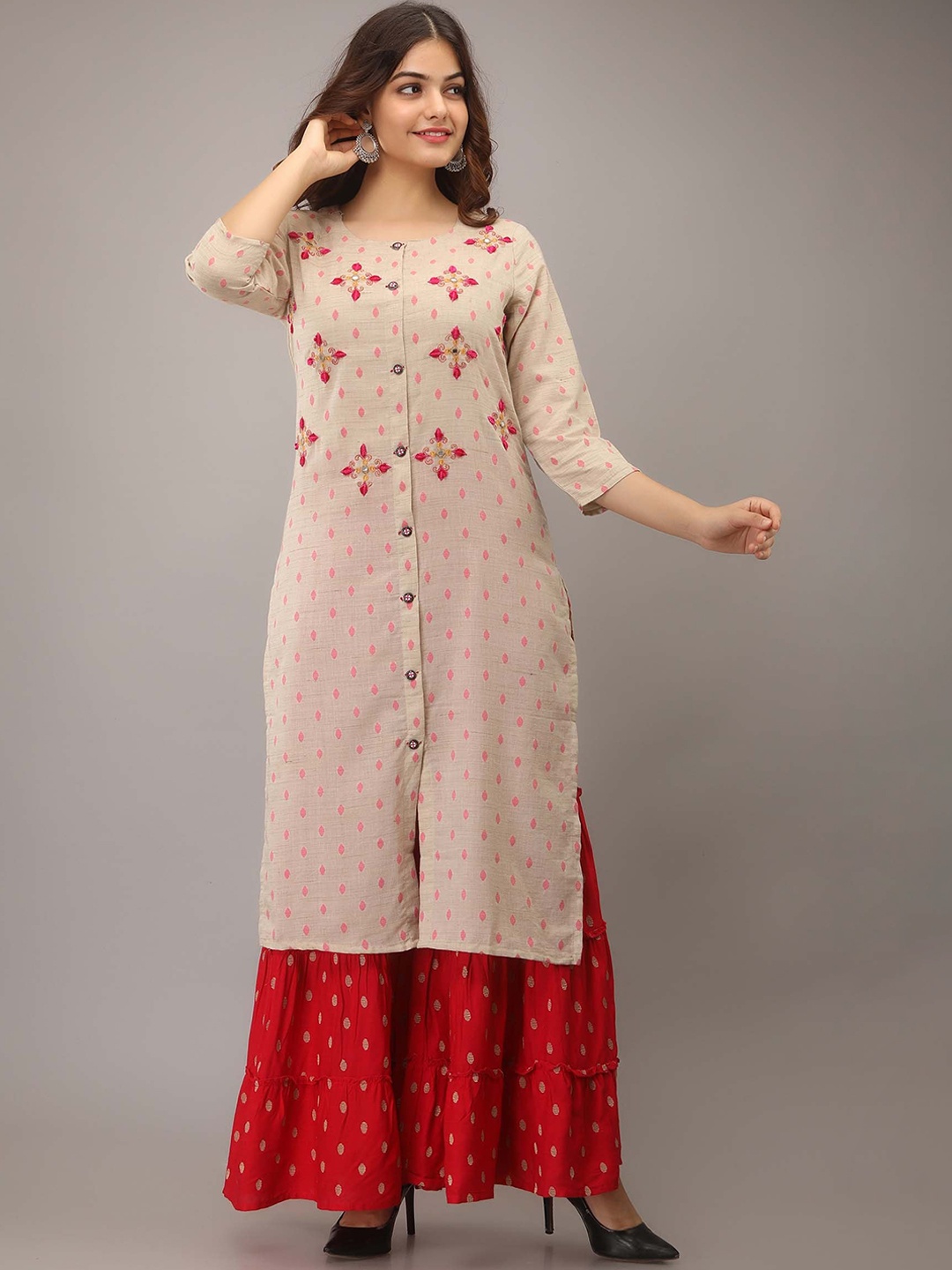 

KALINI Embroidered Round Neck Straight Kurta with Sharara, Beige