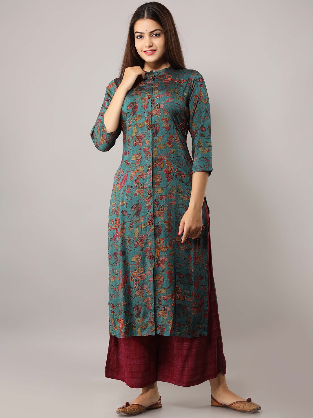 

KALINI Floral Printed Thread Work Kurta with Palazzos, Teal