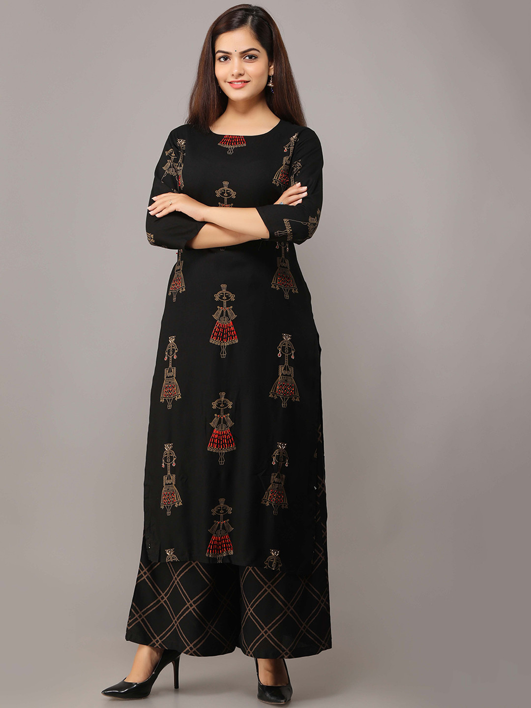 

KALINI Women Ethnic Motifs Printed Kantha Work Kurta With Palazzos, Black