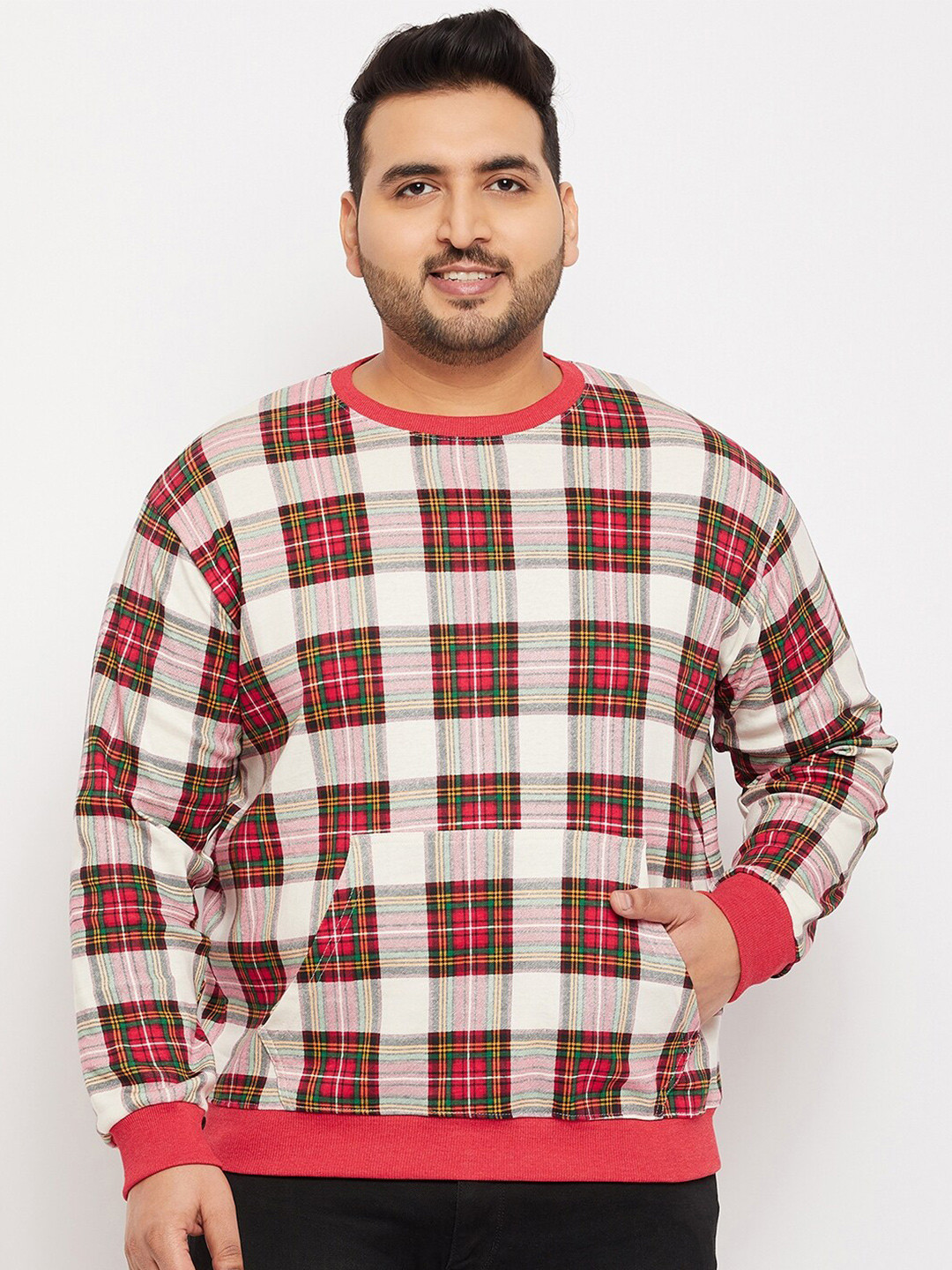 

bigbanana Men Plus Size Cotton Checked Sweatshirt, Red