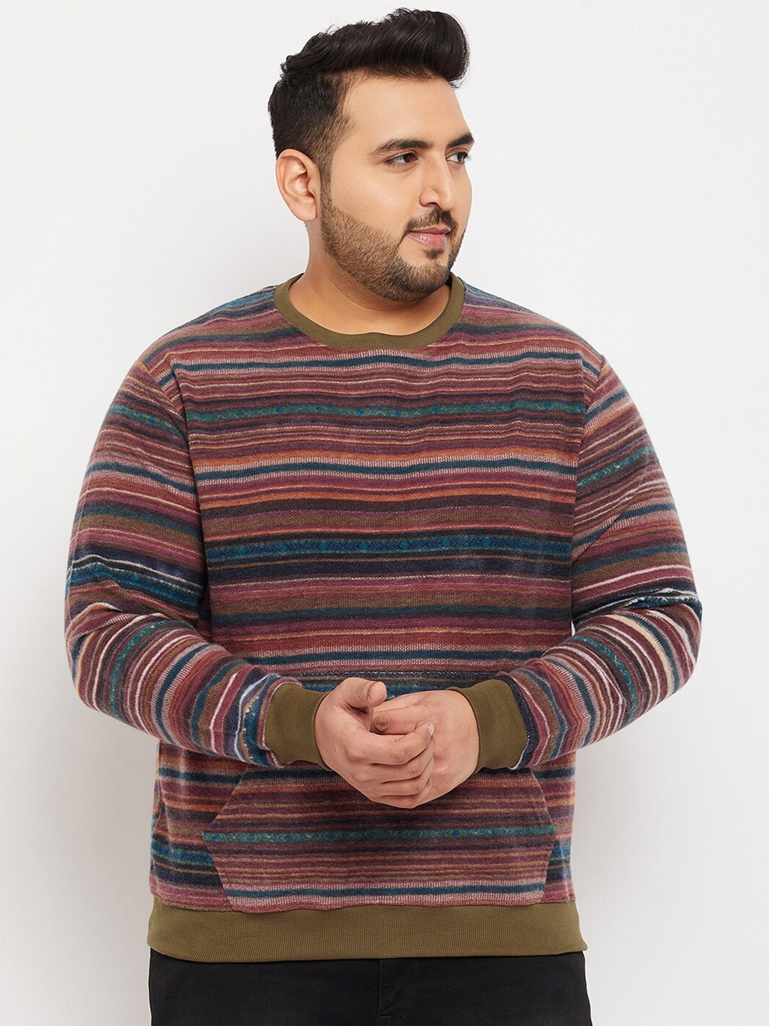 

bigbanana Men Plus Size Striped Sweatshirt, Brown