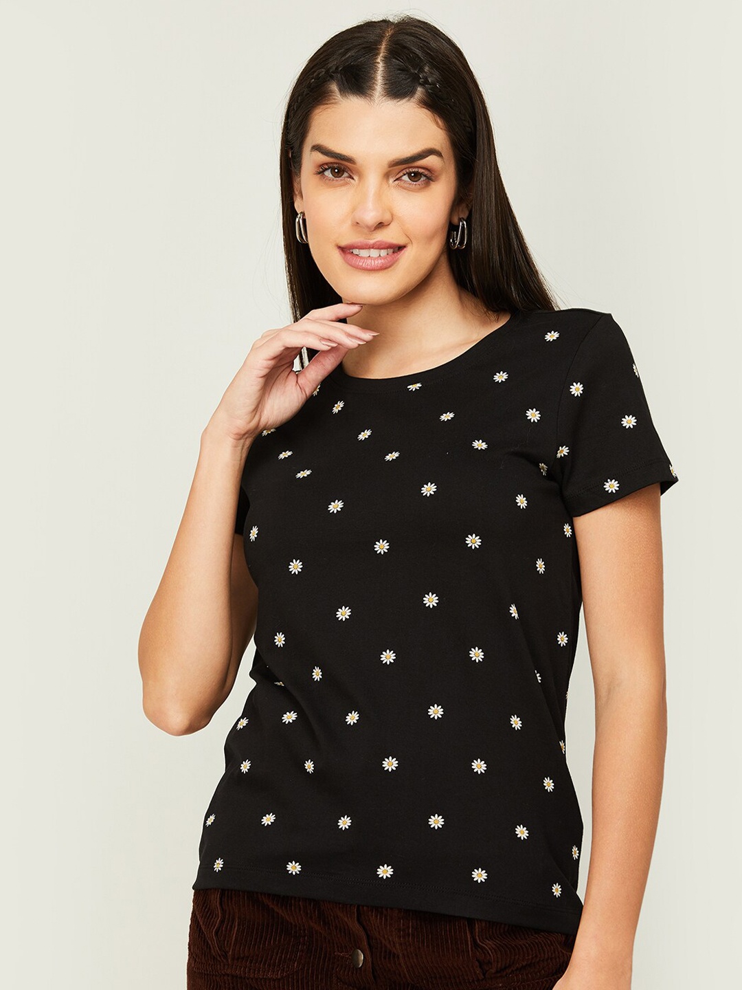 

Fame Forever by Lifestyle Women Floral Printed Cotton T-shirt, Black