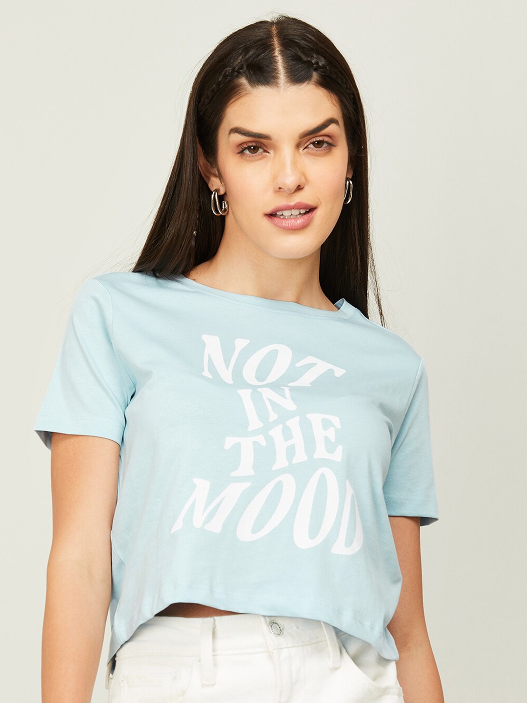 

Ginger by Lifestyle Women Typography Printed Pure Cotton Crop T-shirt, Blue