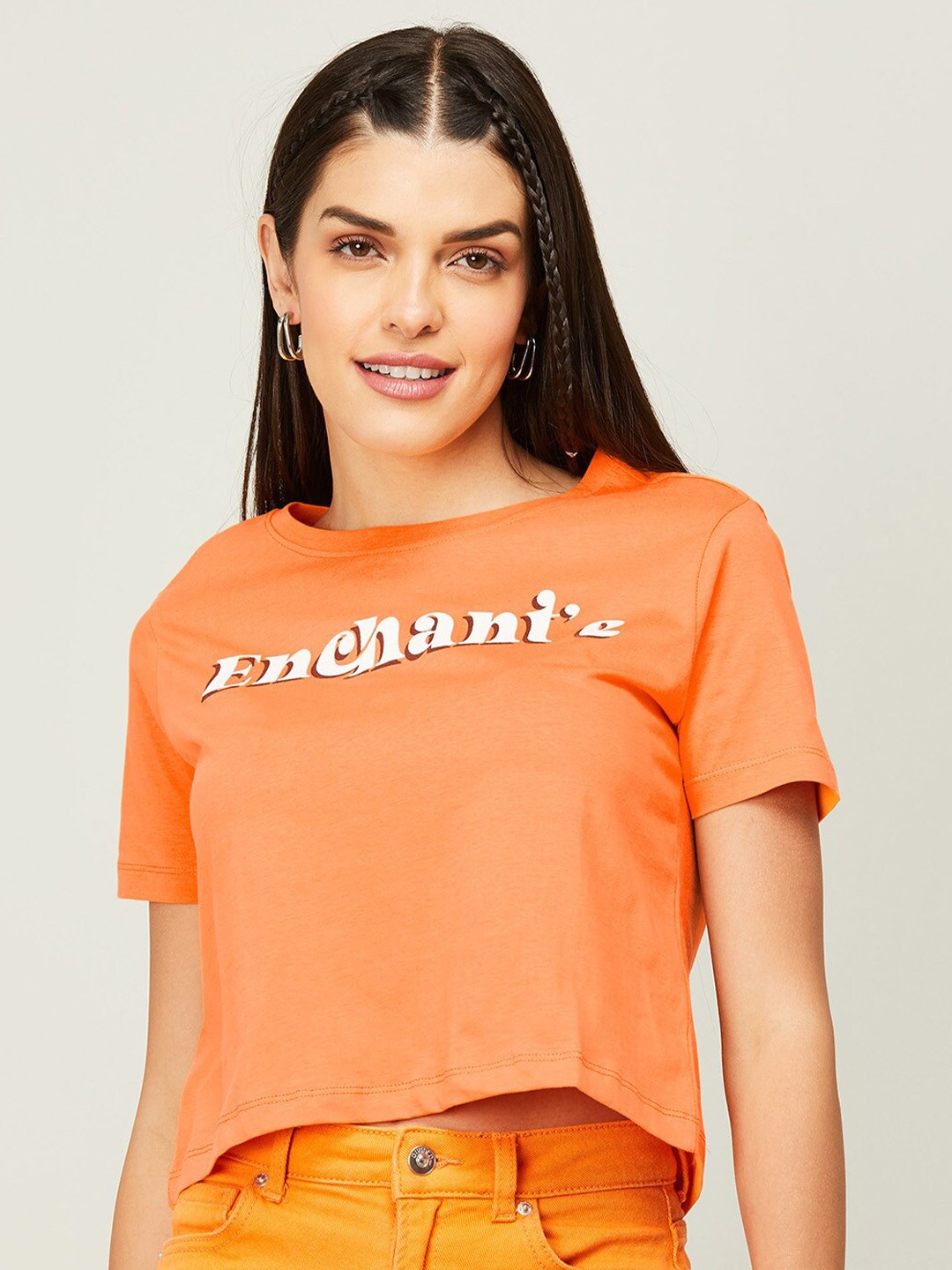 

Ginger by Lifestyle Women Typography Printed Pure Cotton Crop T-shirt, Orange