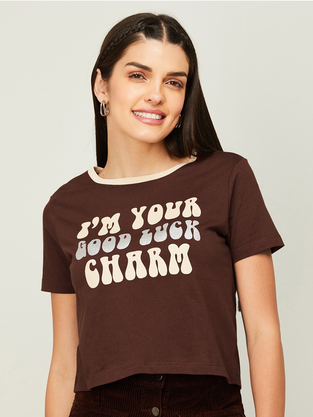 

Ginger by Lifestyle Women Typography Printed Pure Cotton Crop T-shirt, Brown