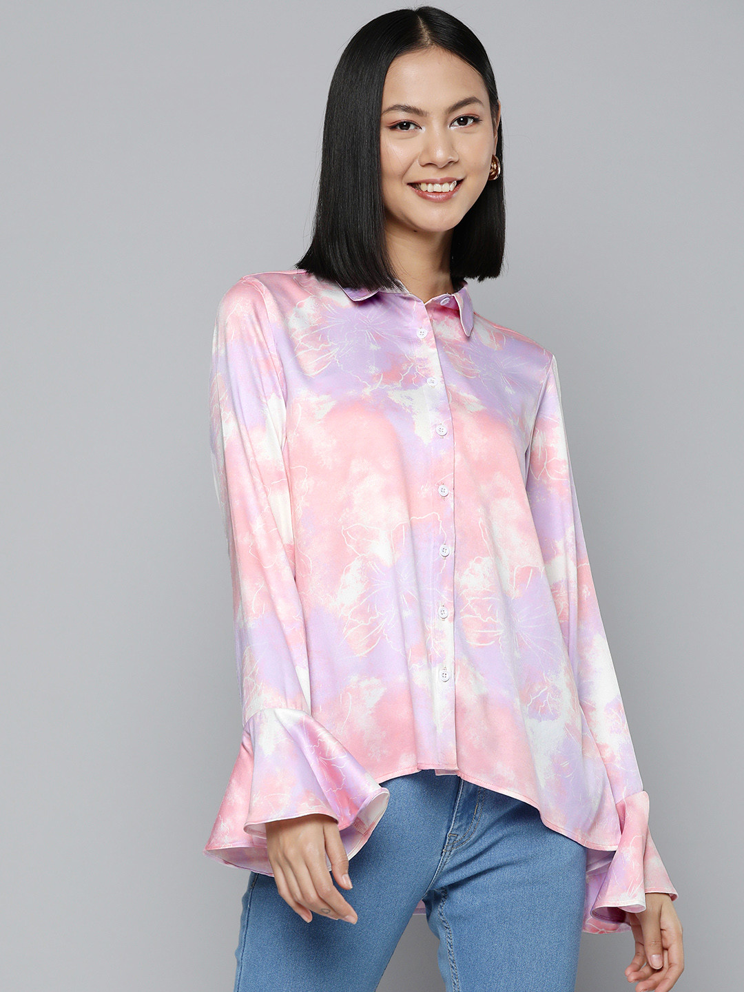 

HERE&NOW Abstract Print Shirt Style Bell Sleeves Top, Multi