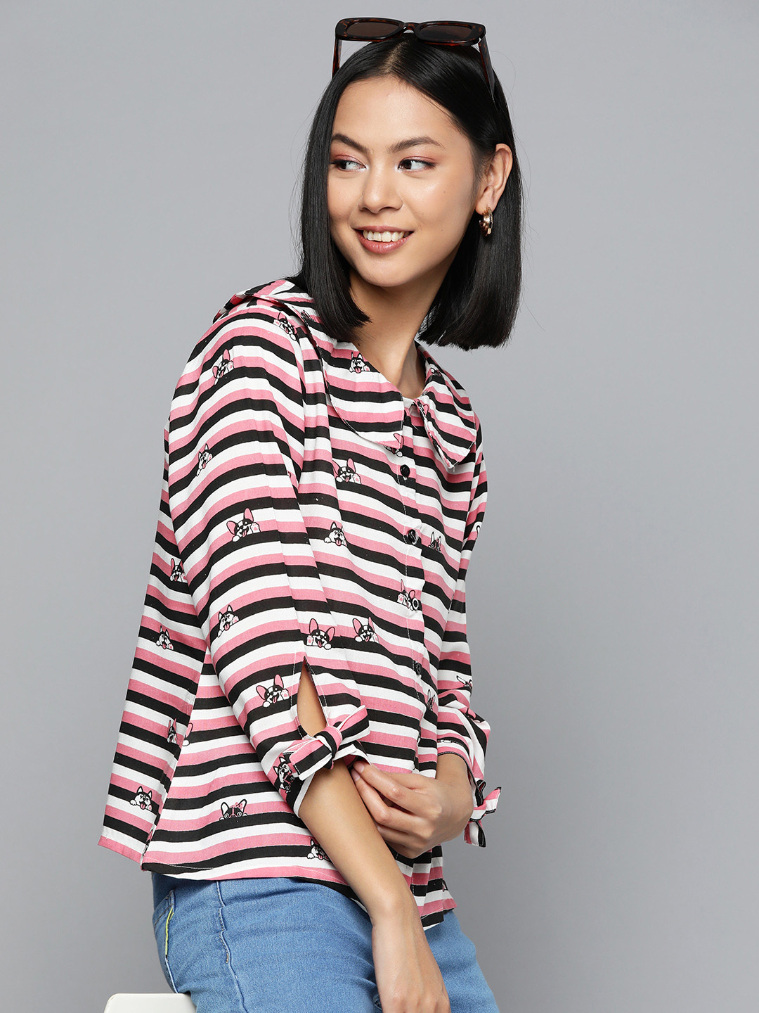 

HERE&NOW Striped Peter Pan Collar Top, Pink