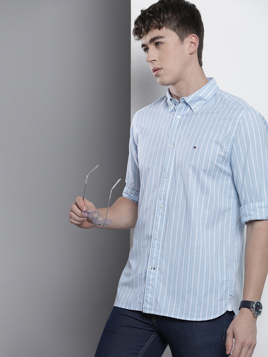 

Tommy Hilfiger Men Pure Cotton Vertical Striped Casual Shirt, Blue