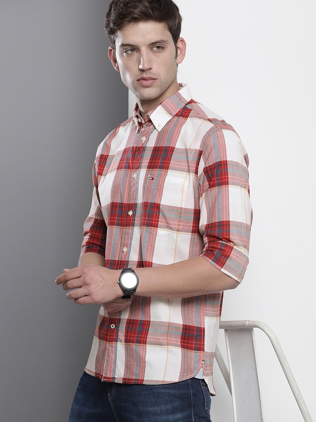 

Tommy Hilfiger Men Organic Pure Cotton Checked Casual Shirt, Red