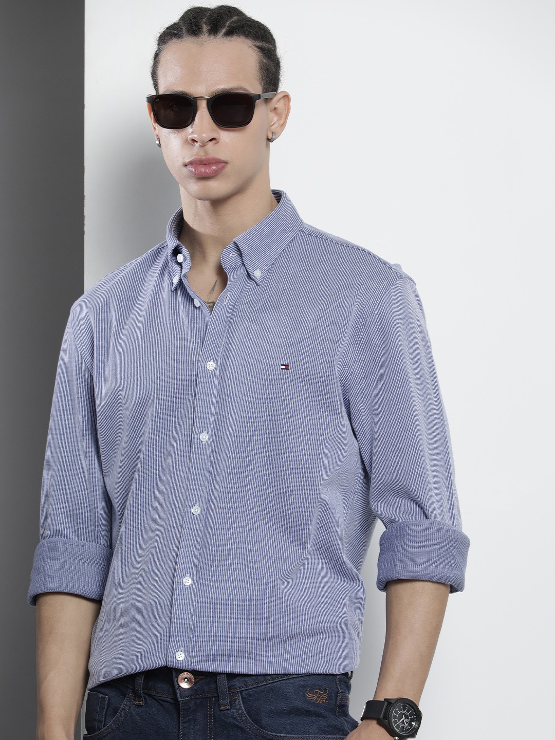 

Tommy Hilfiger Men Button-Down Collar Pure Cotton Casual Shirt, Blue