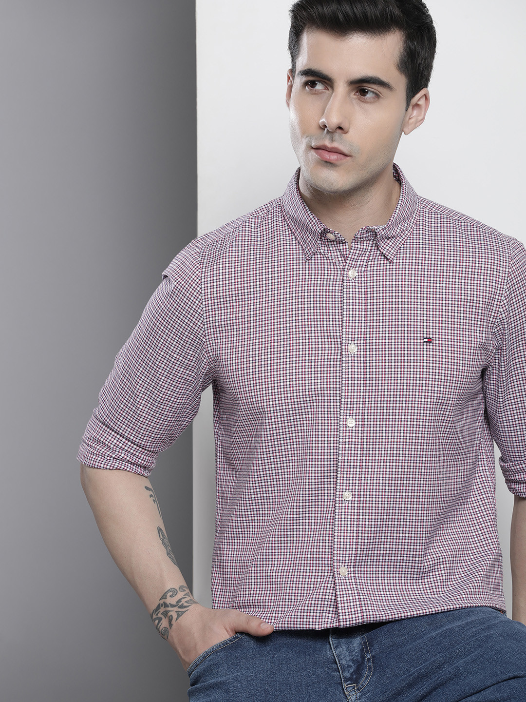 

Tommy Hilfiger Men Organic Cotton Slim Fit Micro Checked Casual Shirt, Pink