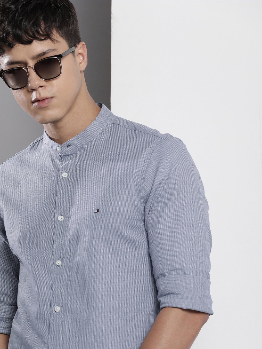 

Tommy Hilfiger Men Band Collar Slim Fit Casual Shirt, Blue