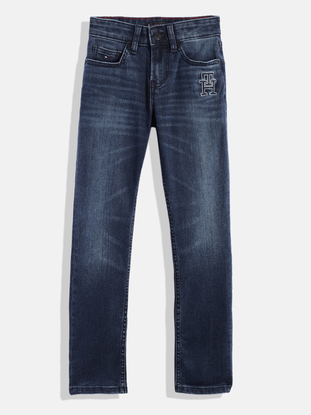 

Tommy Hilfiger Boys Slim Fit Mildly Distressed Heavy Fade Sustainable Stretchable Jeans, Blue