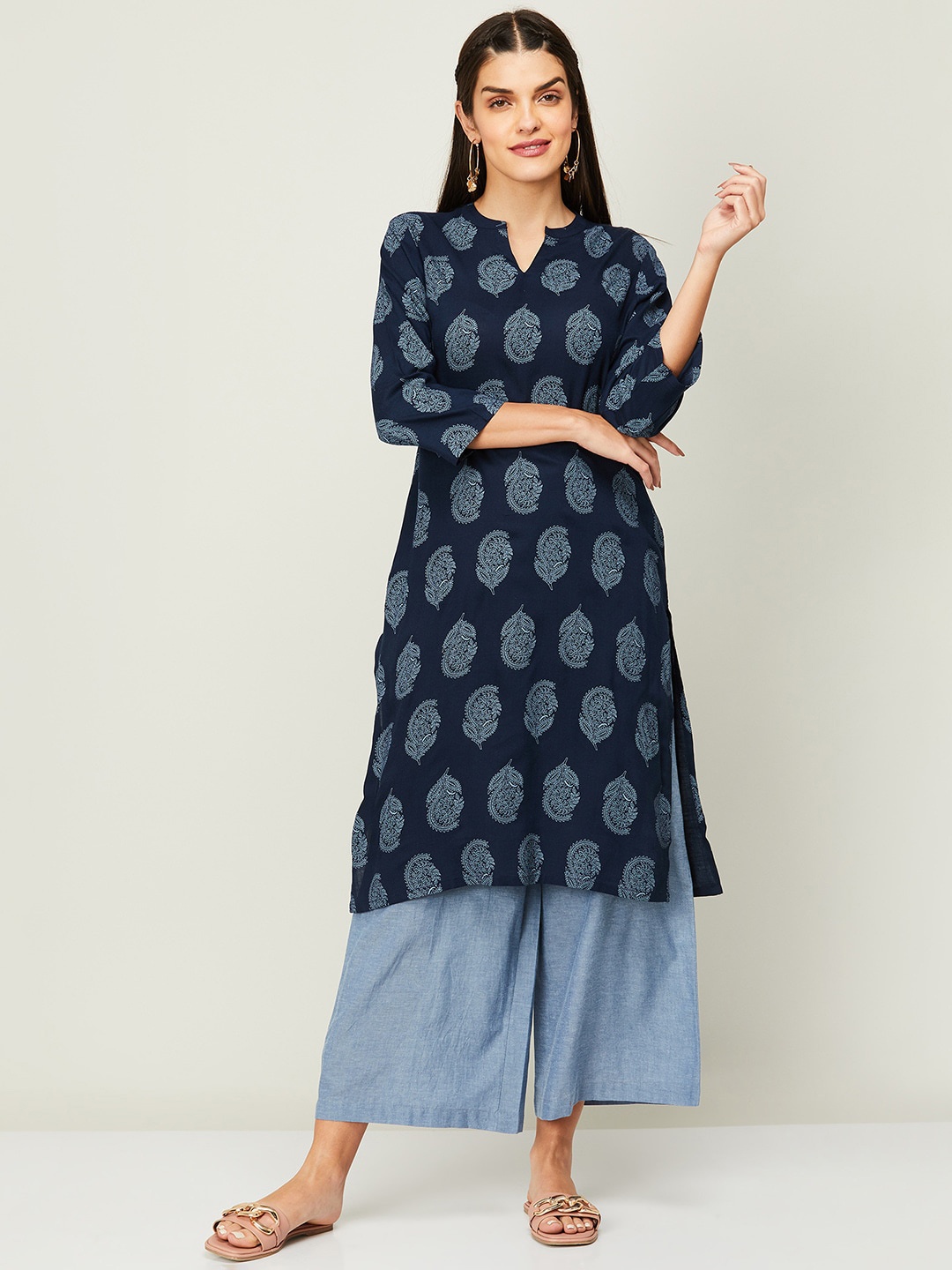 

Melange by Lifestyle Mandarin Collar Ethnic Motifs Printed Kurta, Blue