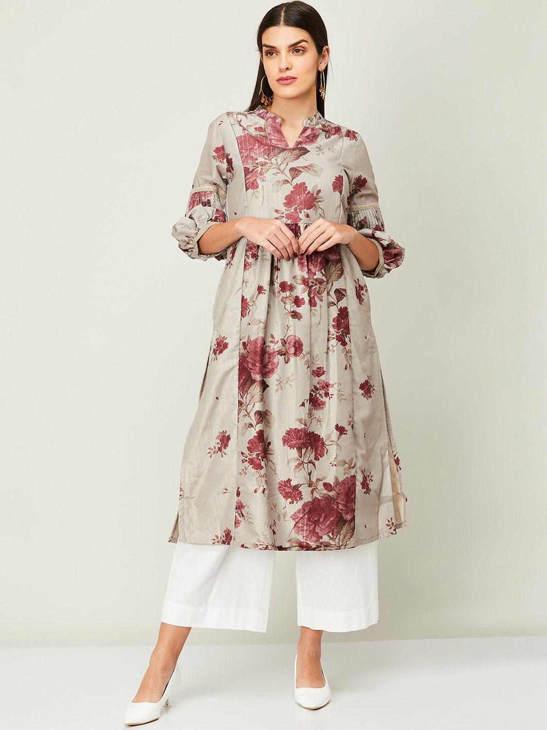 

Melange by Lifestyle Floral Printed Puff Sleeves A-Line Kurta, Beige