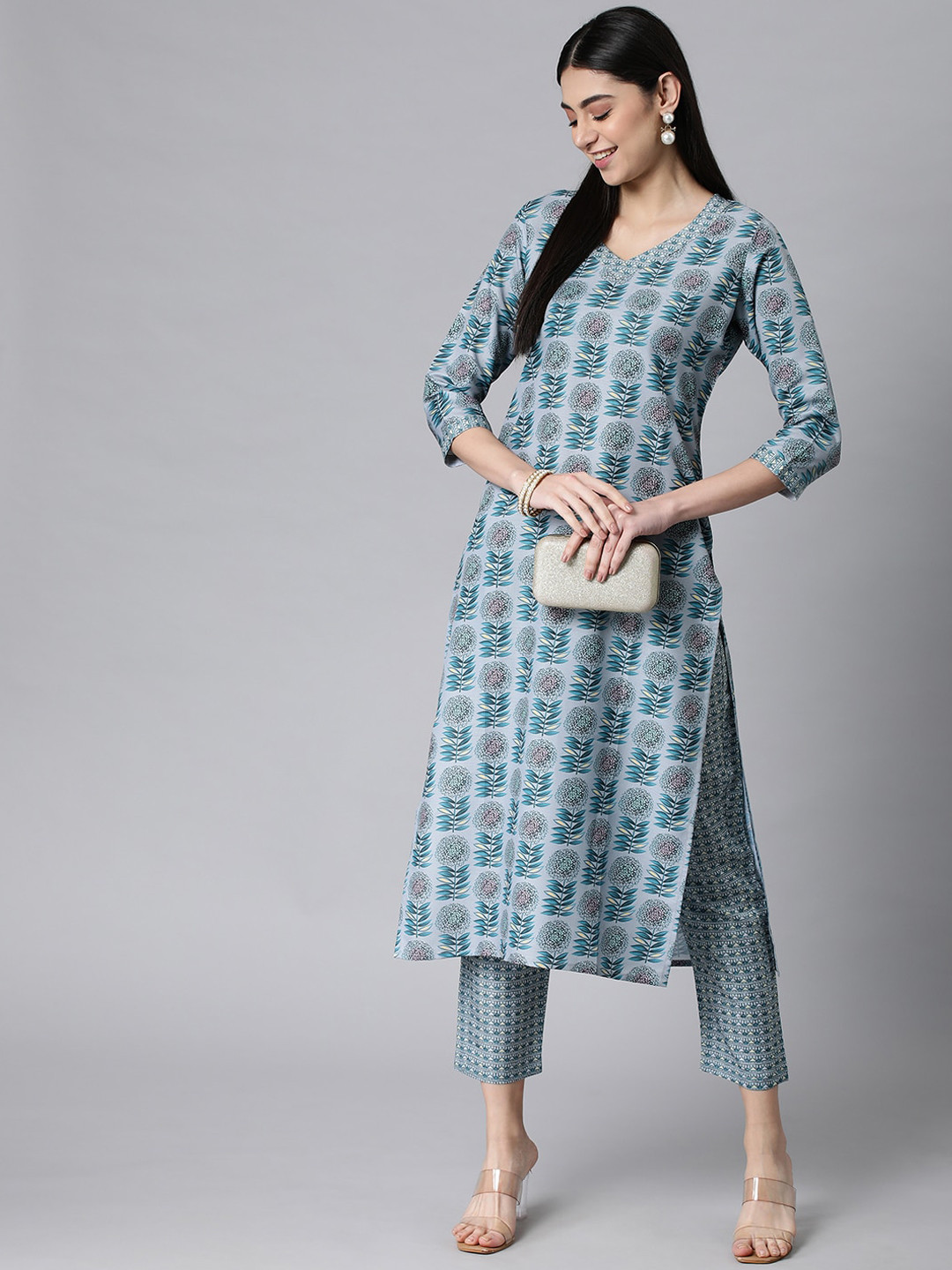 

KALINI Women Floral Printed Kurta with Trouser, Grey