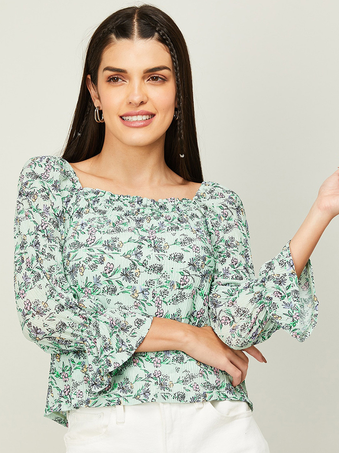 

Ginger by Lifestyle Floral Printed Bell Sleeves Top, Green