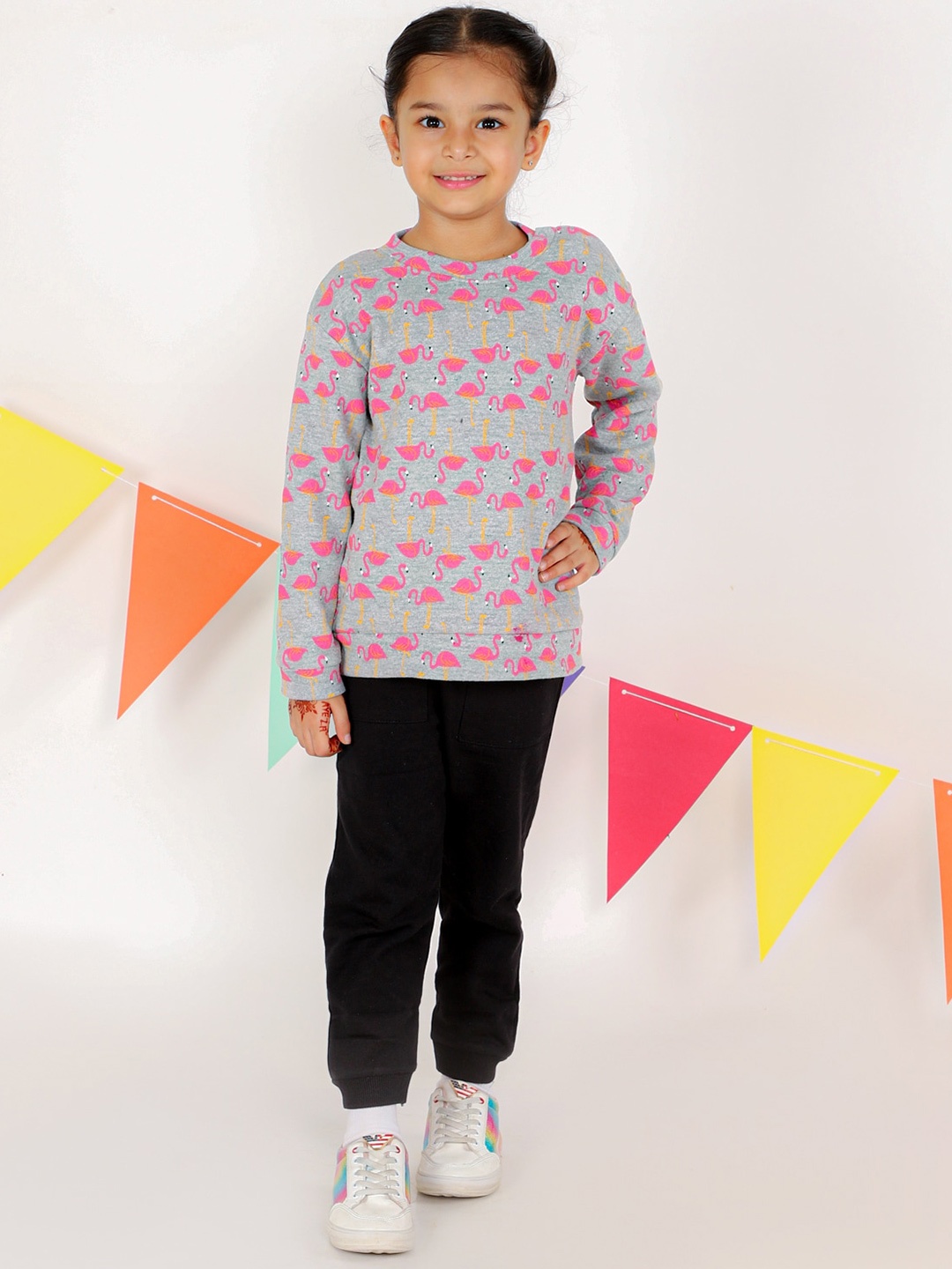 

The Mom Store Girls Printed Pure Cotton Top with Pyjamas, Grey