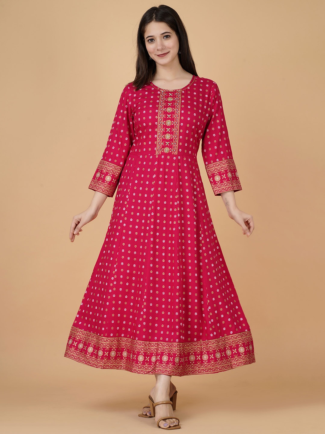 

KALINI Ethnic Motifs Checked Anarkali Kurta, Pink