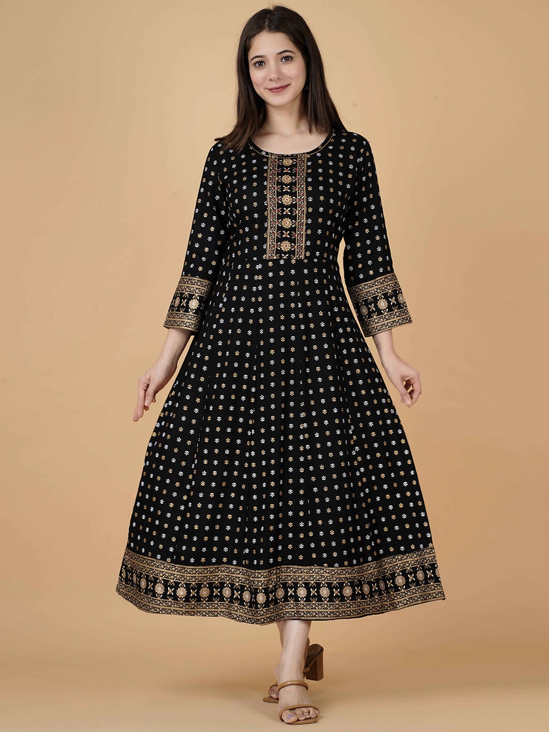

KALINI Round Neck Floral Printed Flared Sleeves Anarkali Kurta, Black