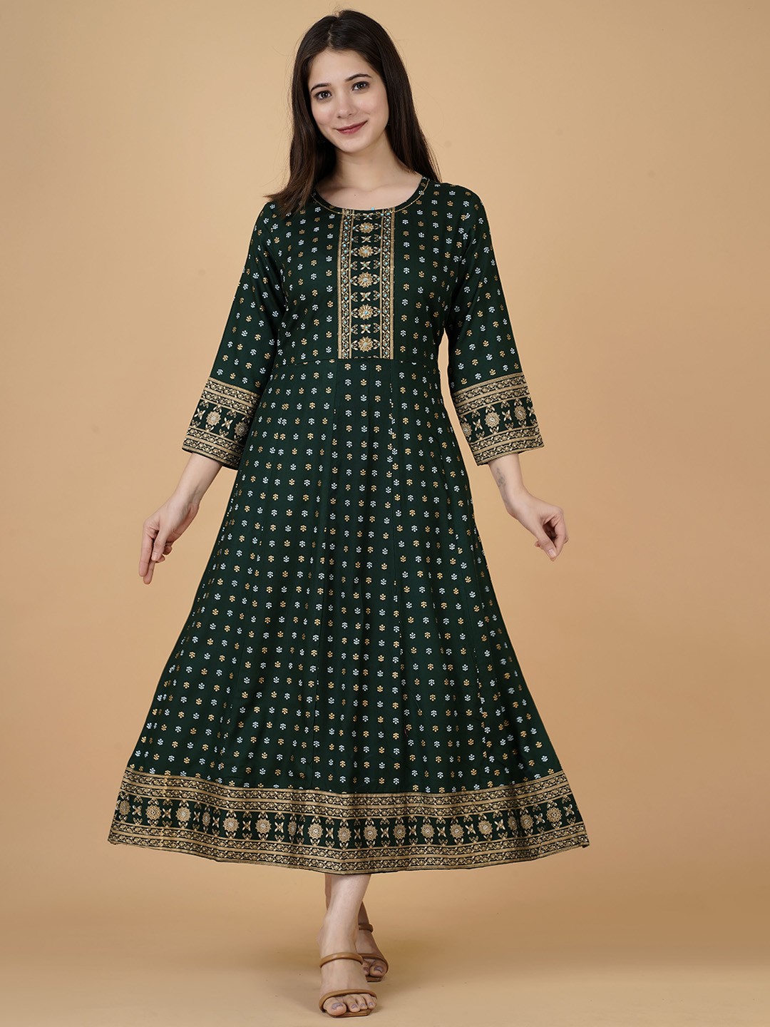 

KALINI Round Neck Floral Printed Thread Work Anarkali Kurta, Green