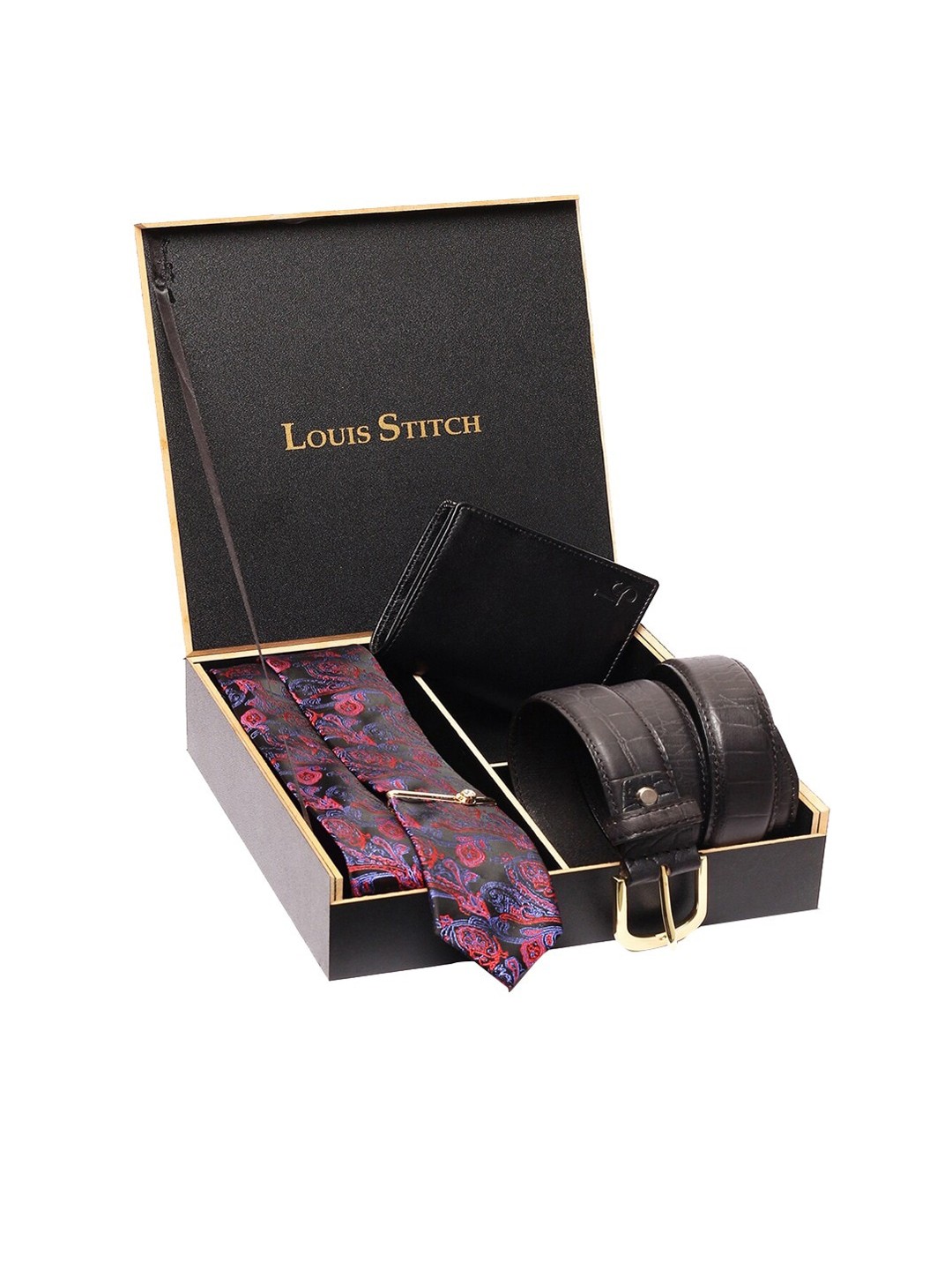 

LOUIS STITCH Men Leather Wallet, Belt & Tie Accessory Gift Set, Black