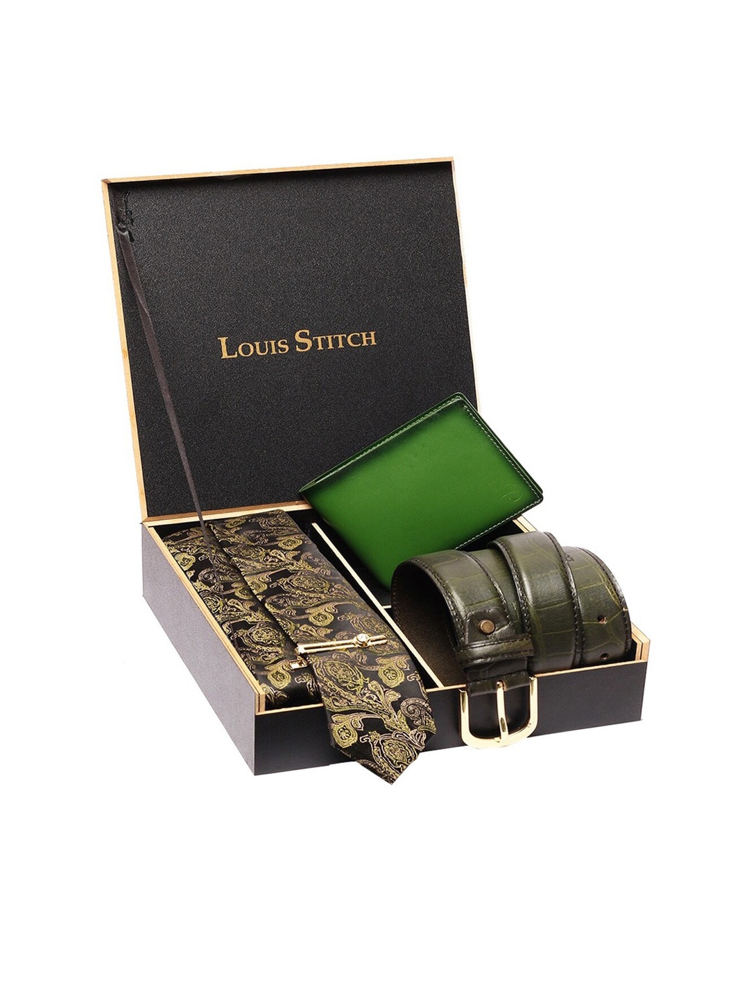 

LOUIS STITCH Men Printed Genuine Italian Leather Accessory Gift Set, Green