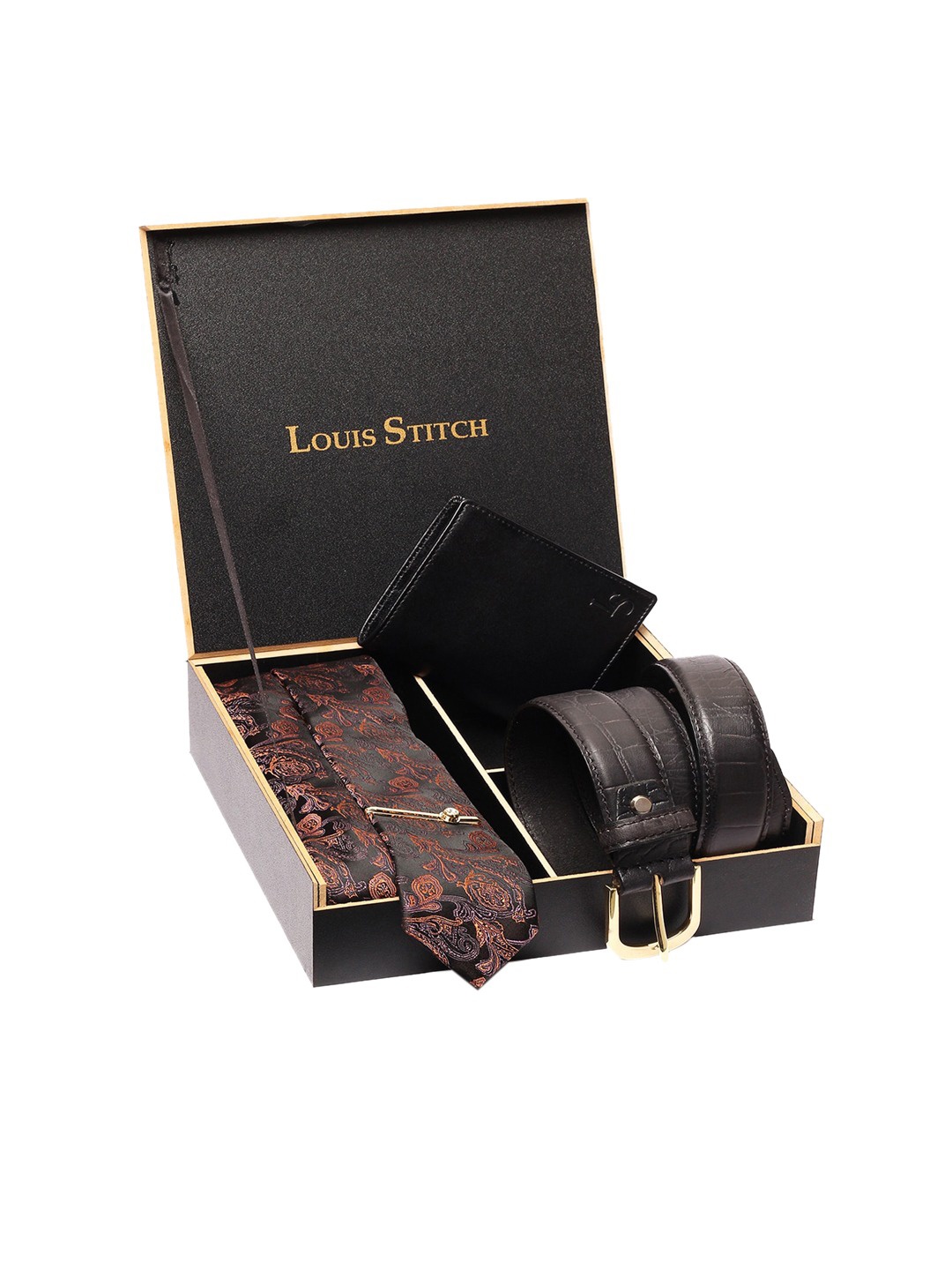 

LOUIS STITCH Men Printed Italian Leather Accessory Gift Set, Black