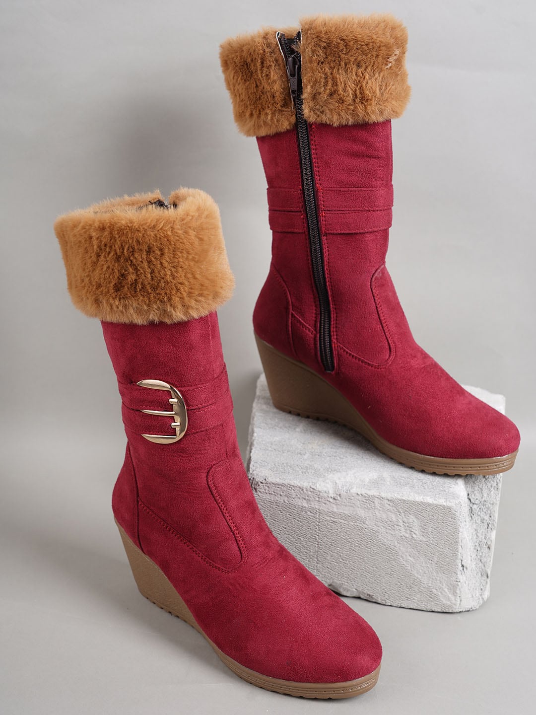 

SAPATOS Women Faux Fur Trim Winter Boots, Maroon