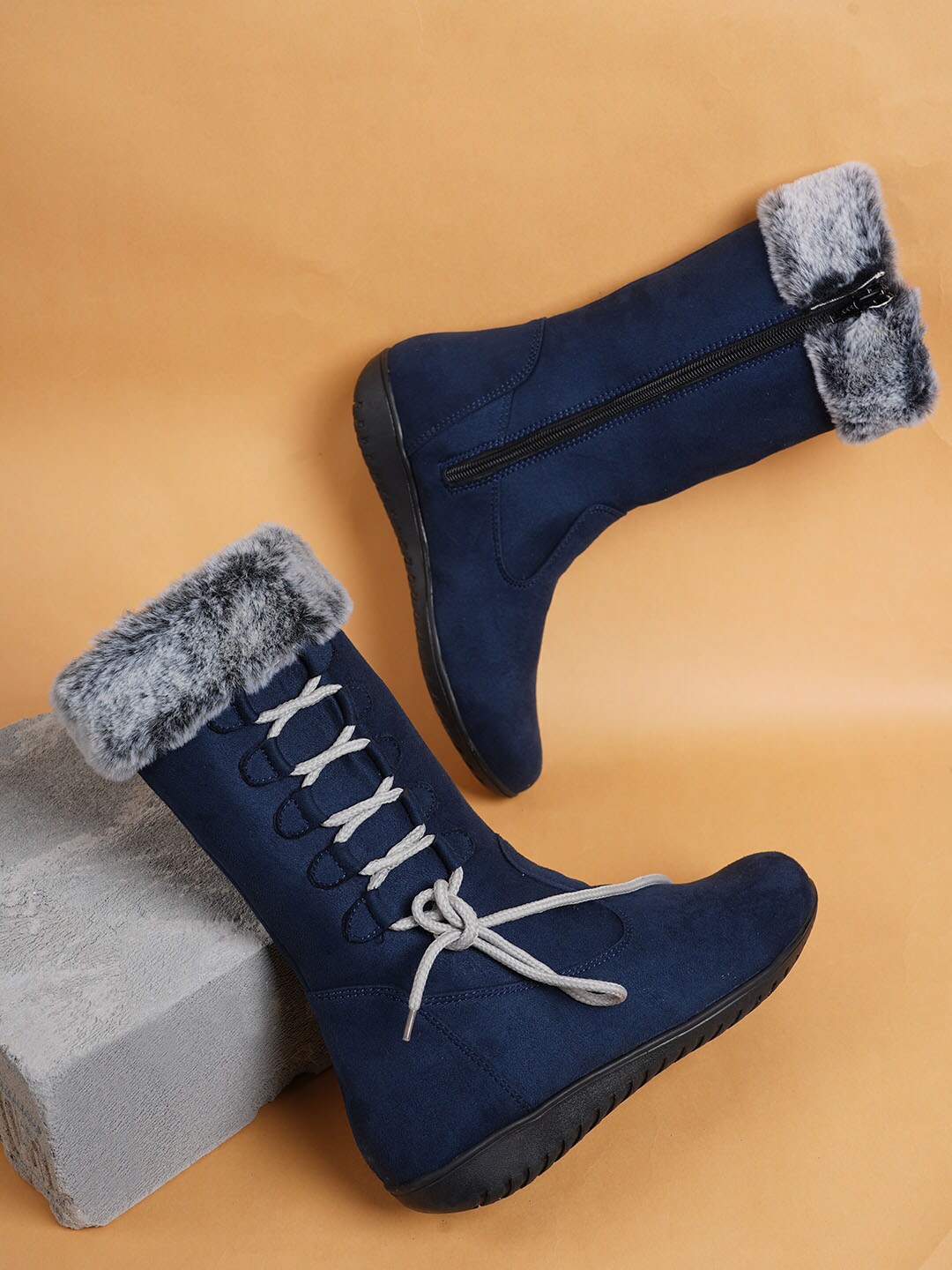 

SAPATOS Women Faux Fur Trim Winter Boots, Navy blue