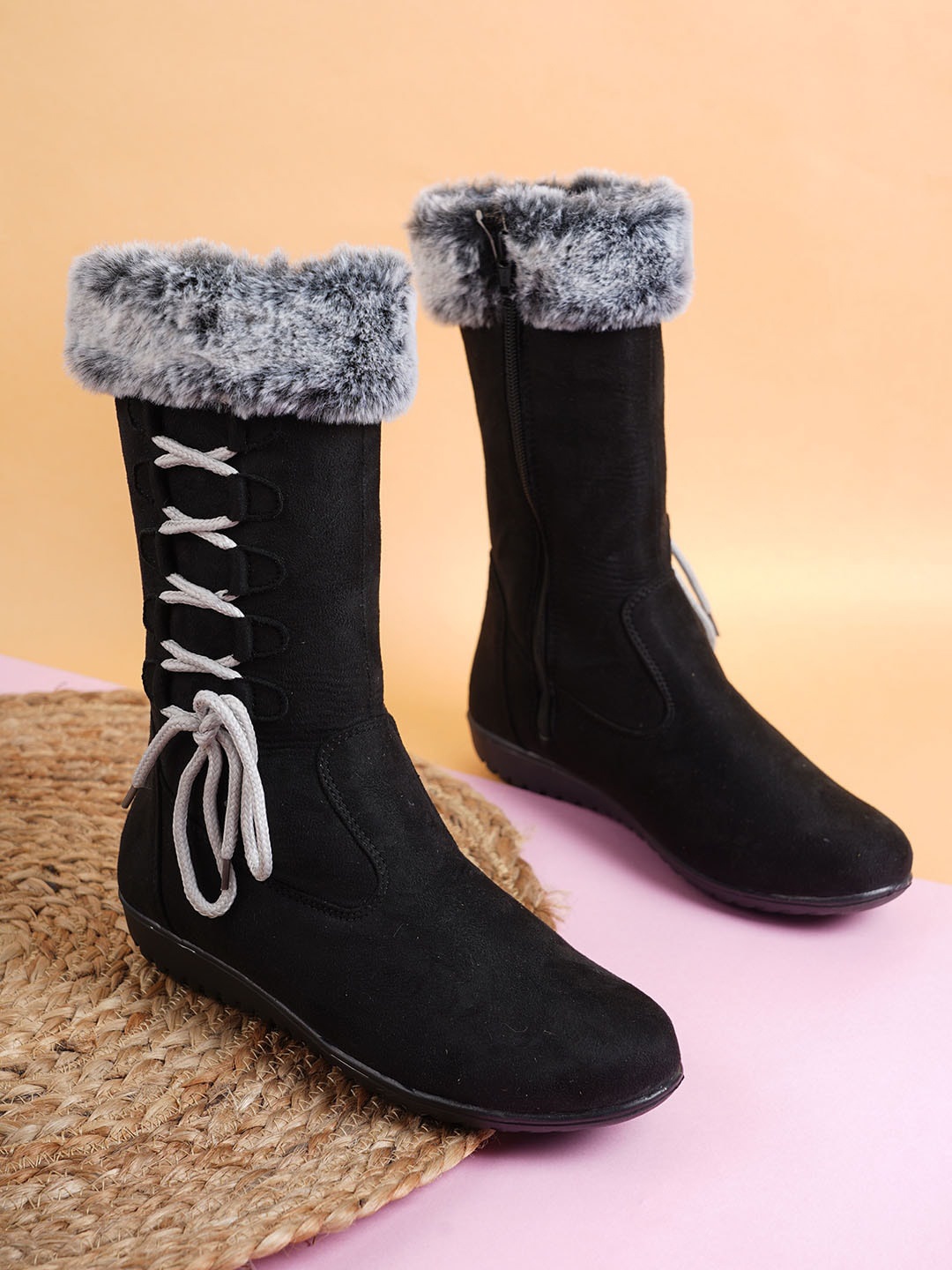 

SAPATOS Women Faux Fur Trim Winter Boots, Black