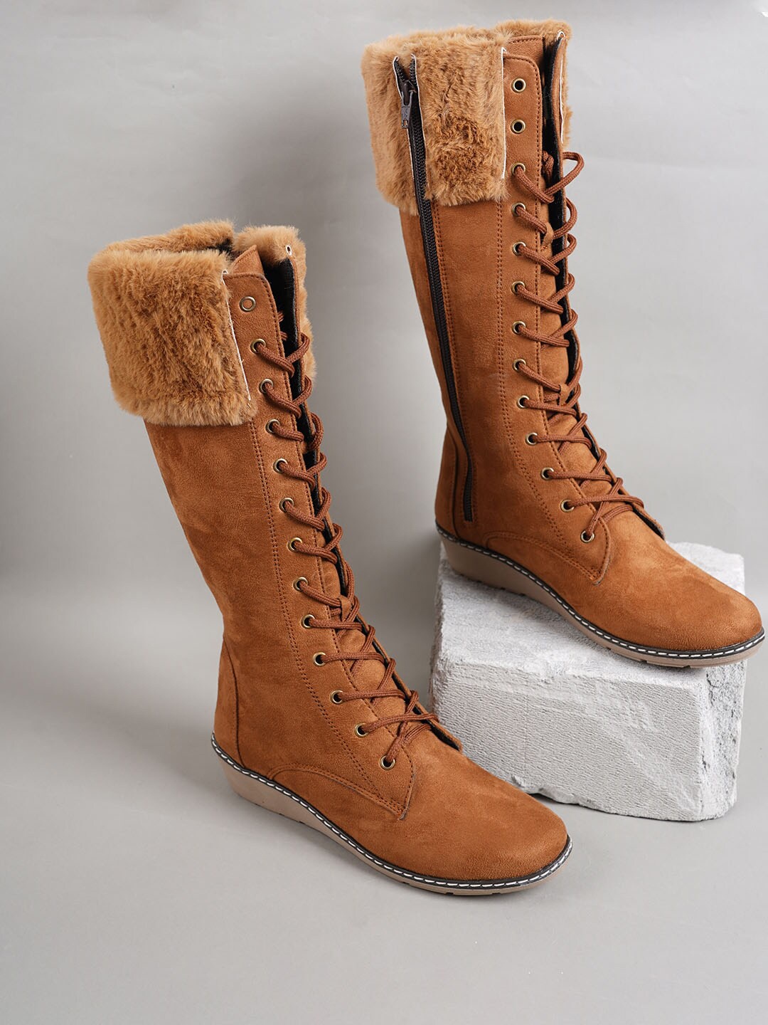 

SAPATOS Women Faux Fur Trim High-Top Winter Boots, Tan